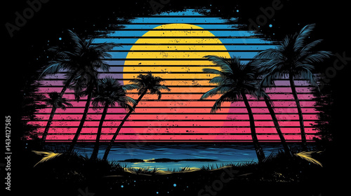 Tropical paradise beach with palm trees silhouette at sunset vintage