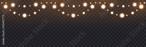 Gold Christmas garland on transparent background, new year light effect elements for banner, poster, flyer and xmas card. Horizontal yellow wires shining, led strips png, vector illustration.
