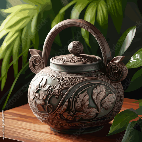 Ornate ceramic teapot with floral designs and a decorative handle set against a lush green background