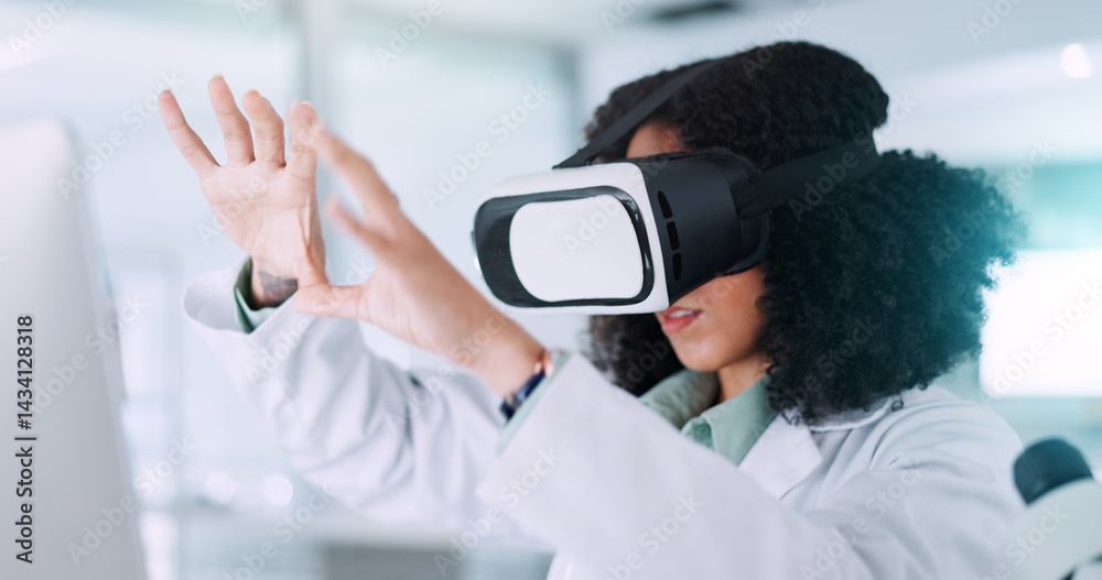 Woman, scientist and simulation with VR for futuristic development or virtual planning at laboratory. Female person, science or medical research with technology for 3D, UX or scientific testing Woman, scientist and simulation with VR for futuristic development or virtual planning at laboratory. Female person, science or medical research with technology for 3D, UX or scientific testing