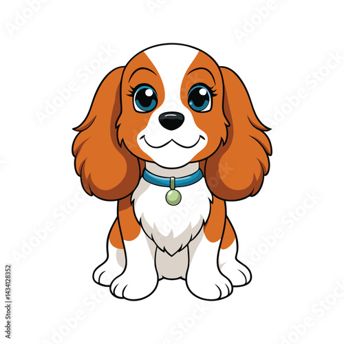 Cute Cavalier King Charles Spaniel dog cartoon character with blue collar vector illustration isolated on white background