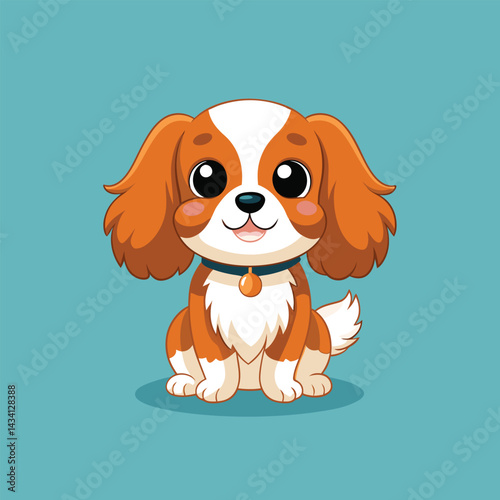 Cute Cavalier King Charles Spaniel dog cartoon character vector illustration isolated on blue background