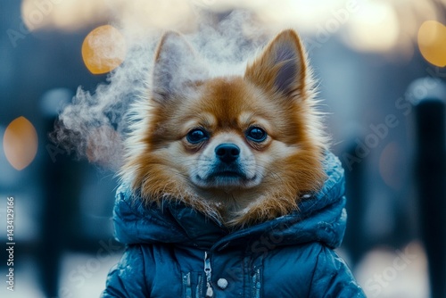 Problem of struggling animals. Sad cute baby dog finnish spitz in winter warm clothes, visible breath from nose and mouth in frosty breeze. Social promotion - animal care. Pet winter coat. photo