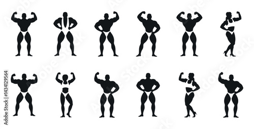 Bodybuilders Posing Vector Silhouettes Collection Featuring Men And Women Showing Off Muscles In Competitive Poses Bodybuilding Concept
