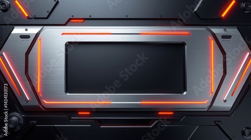 Futuristic metal panel with glowing orange lights, sci-fi interface concept. Perfect for game design, technology backgrounds, UI elements.