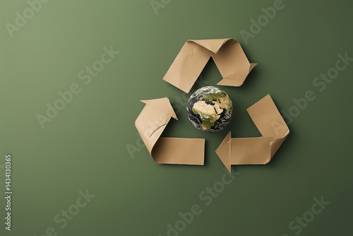 Recycling Symbol Made of Brown Paper Arrows Surrounding Globe – Eco-Friendly Sustainability Concept on Green Background photo