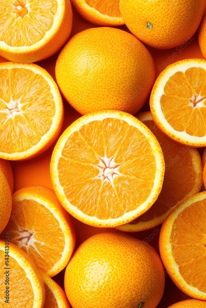 Fototapeta premium Vibrant Orange Citrus Fruit Composition, Fresh and Juicy Slices on Bright Backdrop, Top Down View, Healthy Eating Concept, Natural Light, Studio Shot