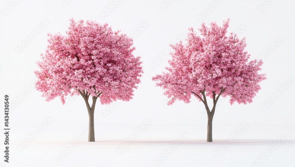 Fototapeta premium Two pink flowering trees with white background (2)