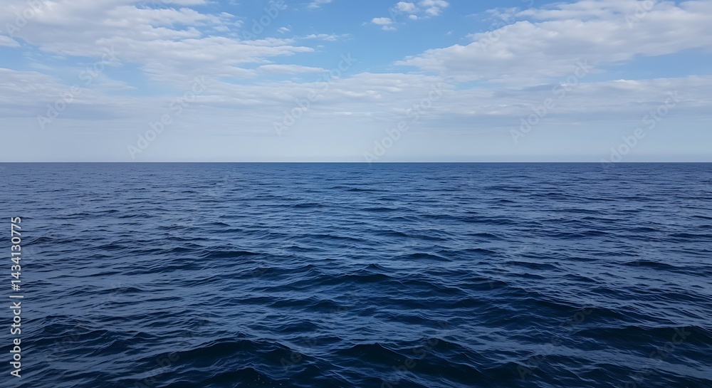 A view of the open ocean under a partly cloudy sky with gentle waves on the water surface visible A view of the open ocean under a partly cloudy sky with gentle waves on the water surface visible