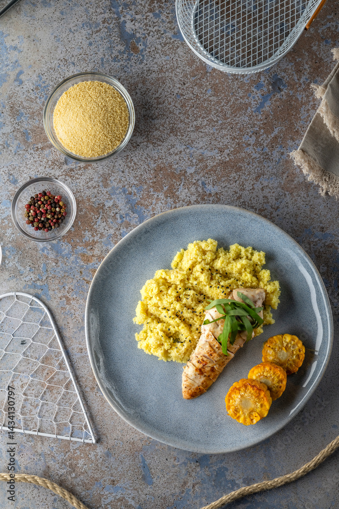 Grilled chicken breast with spiced couscous and roasted corn