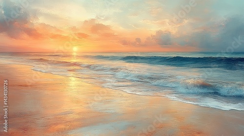 Serene Sunset Beachscape: Golden Hues and Gentle Waves