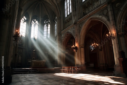 Bright sunlight beams in ornate gothic church interior   