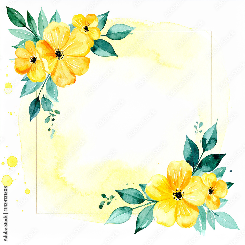 Obraz premium Square floral watercolor frame in light yellow pastels, subtle paint splatters. Botany design.