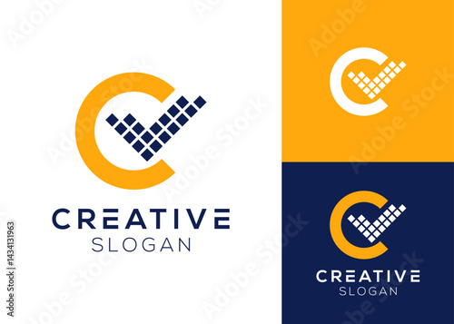 Letter C with check mark solar panel logo design for energy