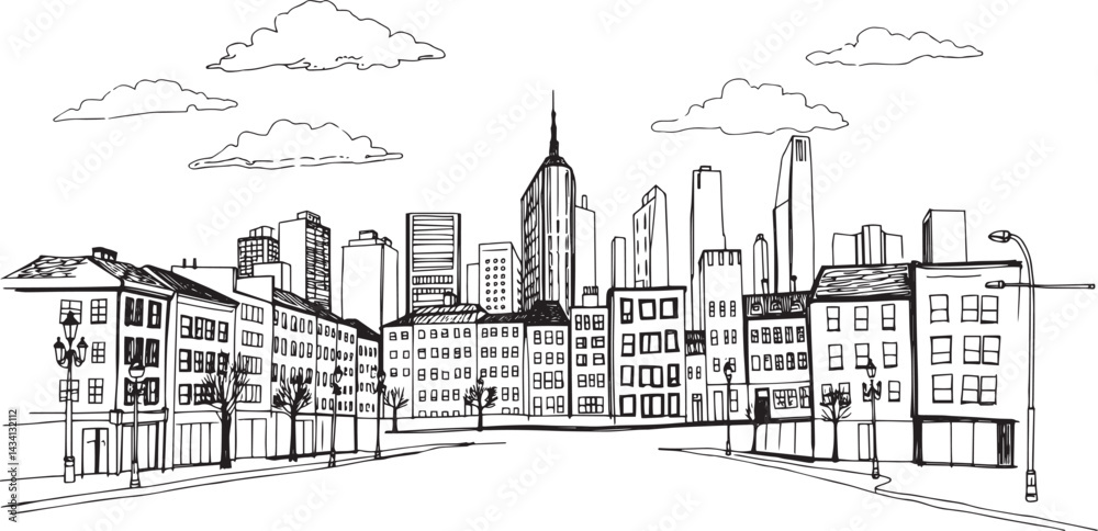 Obraz premium City landscape. Line urban backdrop. Skyline with clouds, different buildings on street, doodle street draw, outline cityscape hand sketch, flat houses. Hand drawn vector illustration