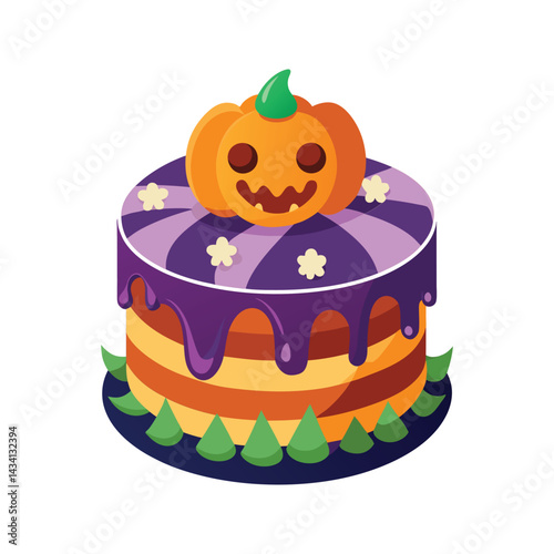 Cute Halloween themed cake with pumpkin decoration vector illustration isolated on white background