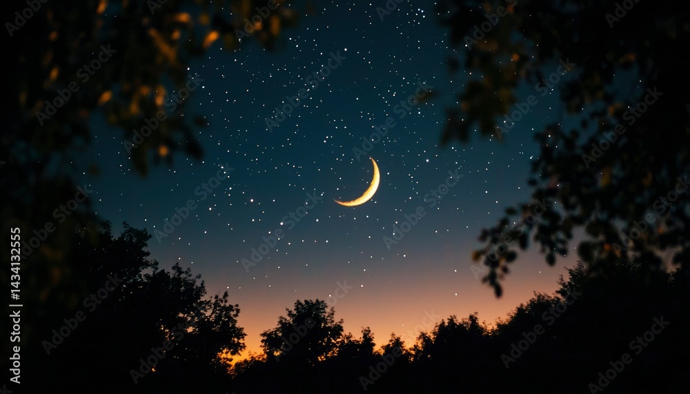 Naklejka premium Crescent moon over trees at twilight