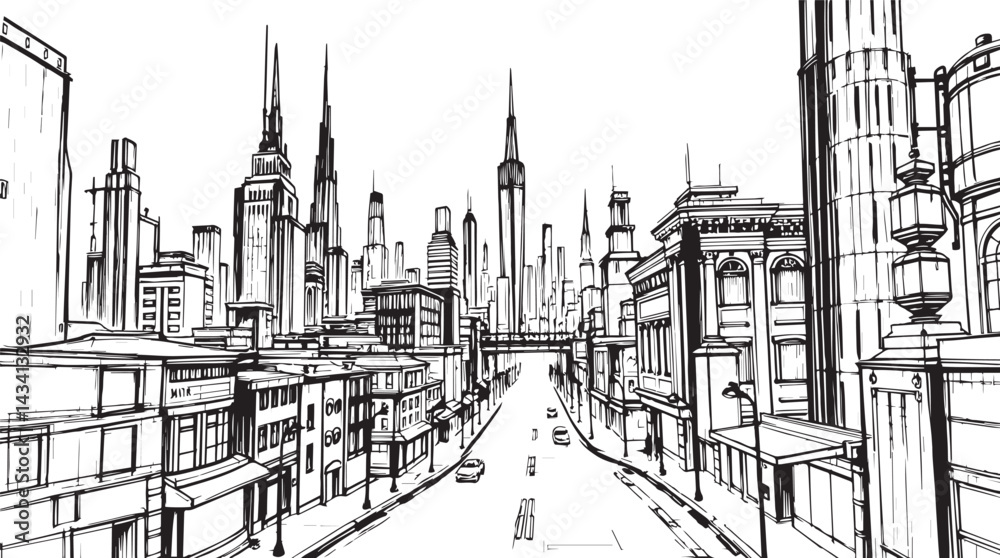 Fototapeta premium City landscape. Line urban backdrop. Skyline with clouds, different buildings on street, doodle street draw, outline cityscape hand sketch, flat houses. Hand drawn vector illustration