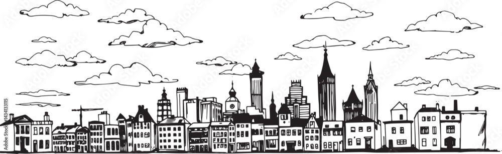 Fototapeta premium City landscape. Line urban backdrop. Skyline with clouds, different buildings on street, doodle street draw, outline cityscape hand sketch, flat houses. Hand drawn vector illustration