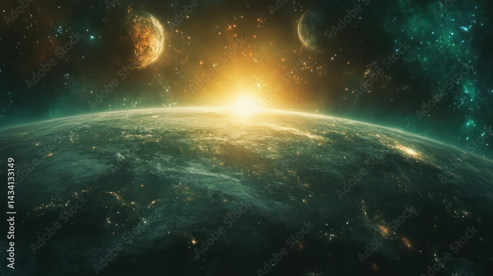 Obraz premium Celestial view of a planet bathed in sunrise light.