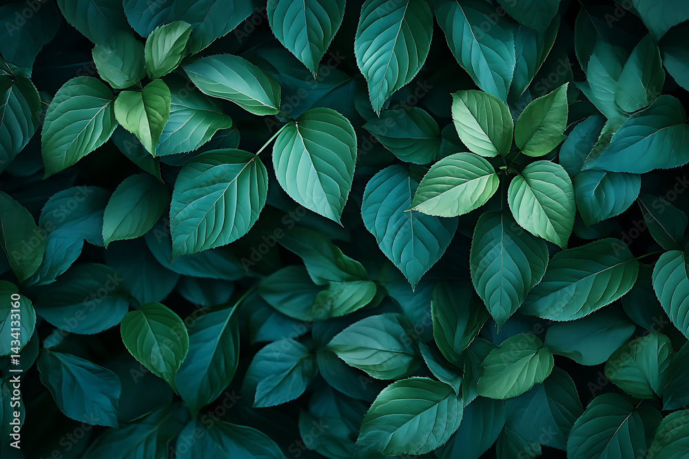 Fototapeta premium Green leaves background, dark green and blue colors.