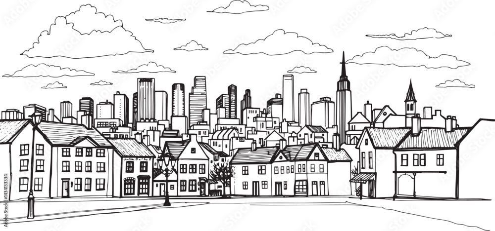 Obraz premium City landscape. Line urban backdrop. Skyline with clouds, different buildings on street, doodle street draw, outline cityscape hand sketch, flat houses. Hand drawn vector illustration