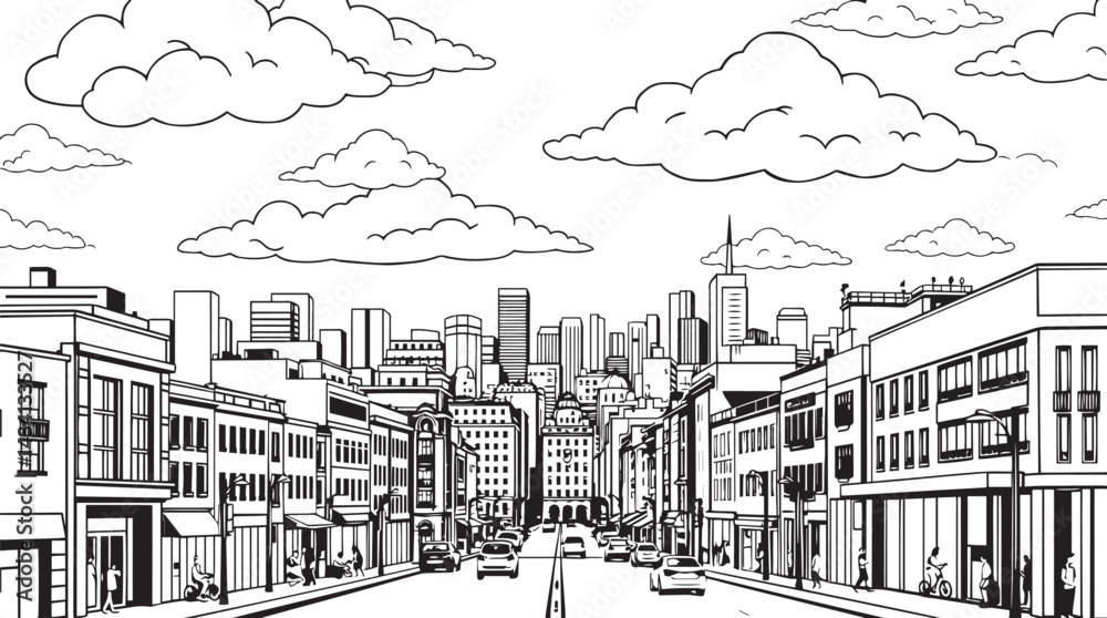 Obraz premium City landscape. Line urban backdrop. Skyline with clouds, different buildings on street, doodle street draw, outline cityscape hand sketch, flat houses. Hand drawn vector illustration