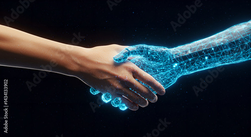 A caucasian man's hand shakes a glowing blue wireframe hand. Concept of human and artificial intelligence cooperation, digital partnership and future network.