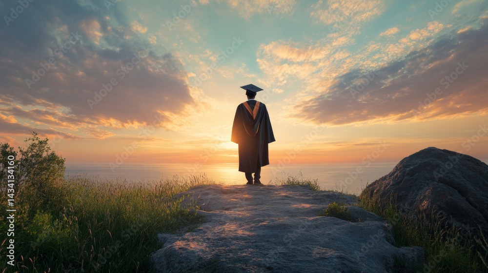 person in a degree gown on top of a hill with a beautiful landscape