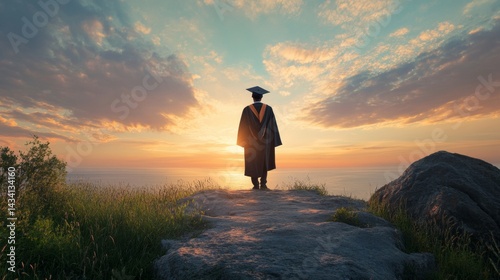Obraz na płótnie person in a degree gown on top of a hill with a beautiful landscape w salonie