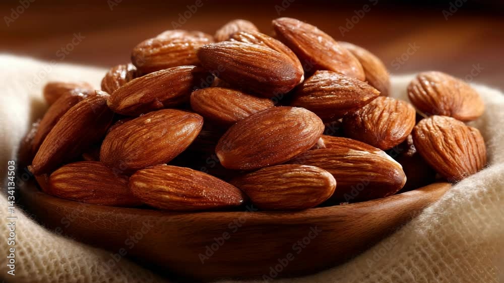 Close-up of pile of raw almonds in wooden bowl against a soft white cotton cloth and dark wooden background creating a healthy snack
