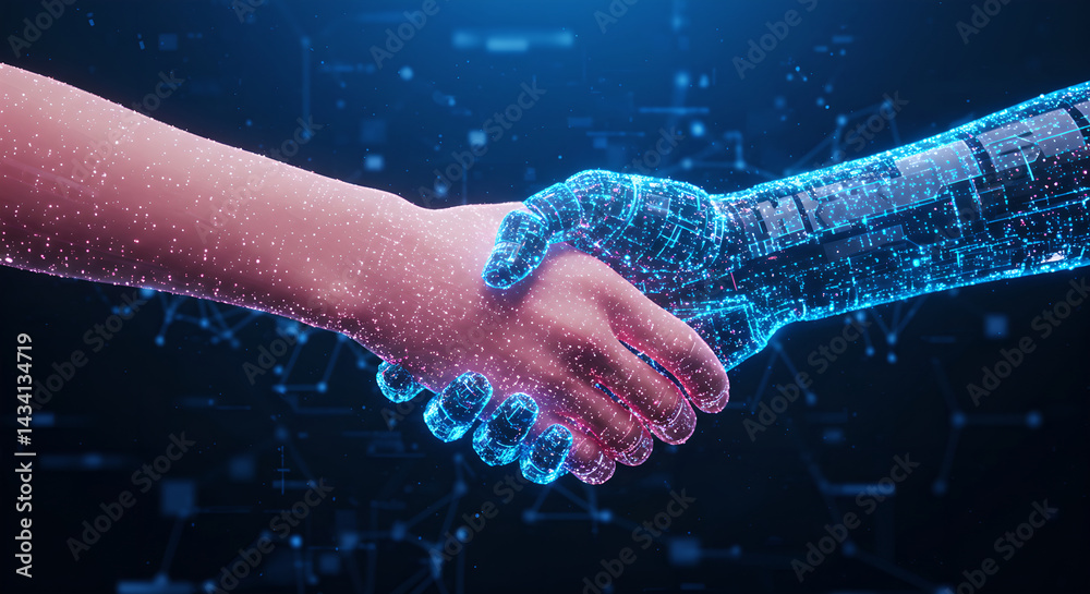 Fototapeta premium Handshake between human and robot representing connection of artificial intelligence with person. Collaboration and integration technology concept for business.