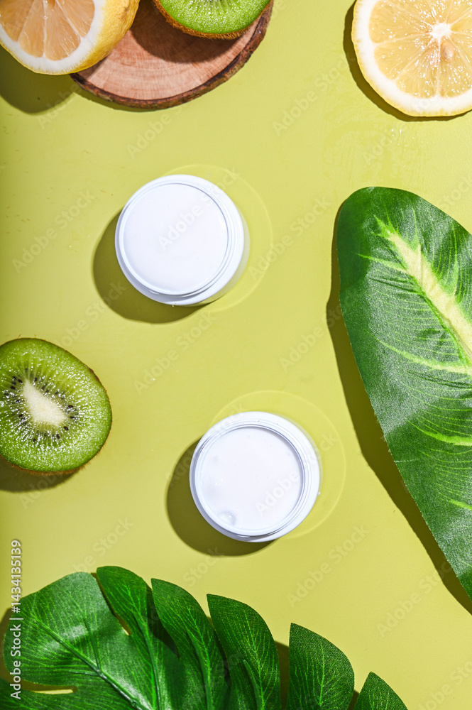 Natural skincare cream jars placed with fresh lemon and kiwi slices, large tropical leaves, and wooden props on a pastel lime background. Bright, healthy, organic beauty product concept