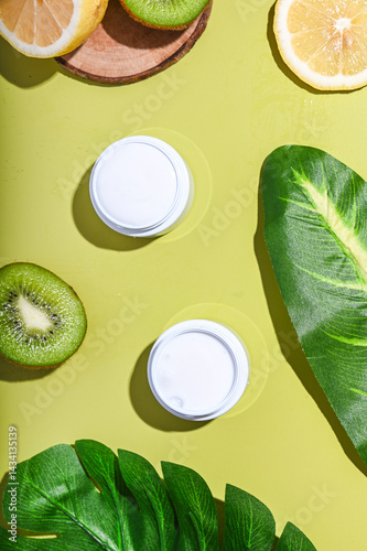 Obraz na płótnie Natural skincare cream jars placed with fresh lemon and kiwi slices, large tropical leaves, and wooden props on a pastel lime background. Bright, healthy, organic beauty product concept w salonie