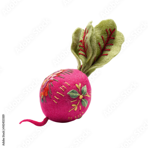 An intricately embroidered radish with vibrant colors and detailed green leaves.