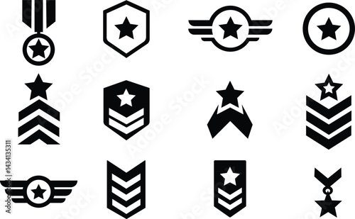 Military Badge Icon Set – Army Rank Chevron and Patch Symbols Vector Collection