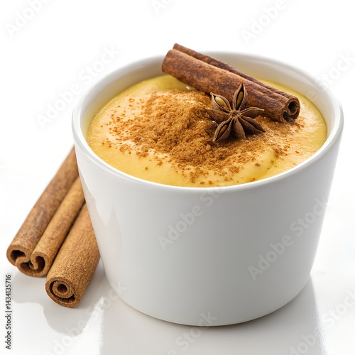 brazilian curau de milho corn pudding in bowl on white eye level view 