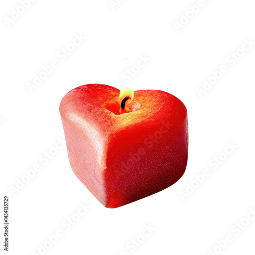 A heart-shaped red candle with a single flame glowing on top.