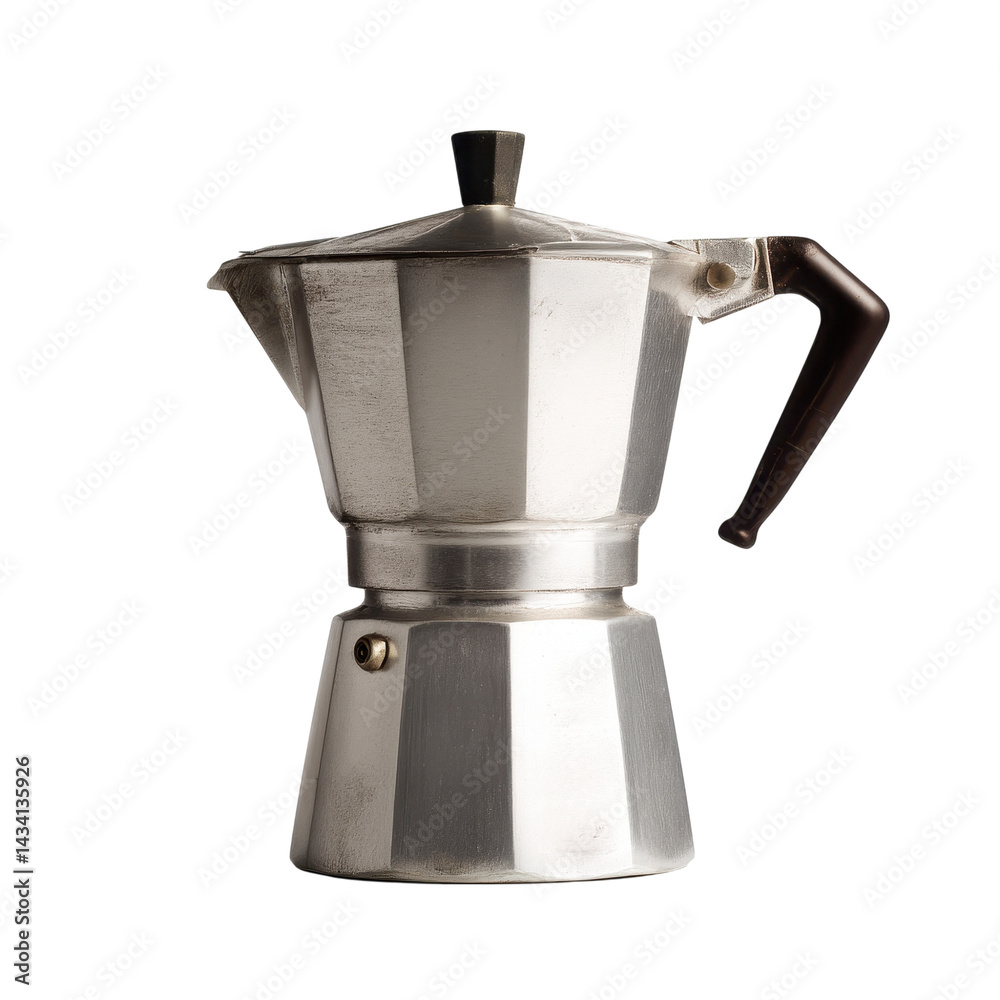 A classic stovetop espresso maker with a polished aluminum finish and a black handle, designed for brewing coffee. A classic stovetop espresso maker with a polished aluminum finish and a black handle, designed for brewing coffee.