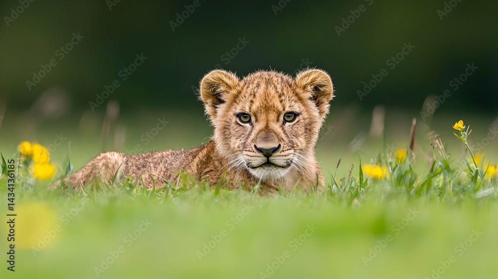 Obraz premium Lion Cub Resting in Green Grass Surrounded by Yellow Flowers in Natural Light