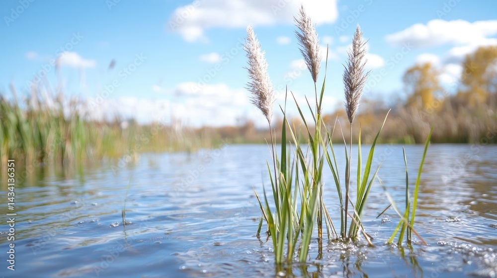 Obraz premium Gentle ripples on a calm river, with tall grasses emerging from the water. Fluffy seed heads stand out against the blue sky