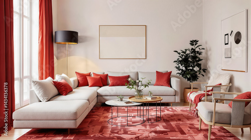 A modern living room with a vibrant color palette, featuring a grey sofa adorned with red cushions and a red carpet, a wooden coffee table with potted plants and books	 photo