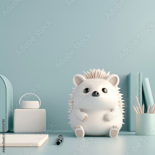 A cute, stylized hedgehog figure sits on a pastel blue desk, surrounded by stationery and minimalist decor, creating a whimsical and calming atmosphere.