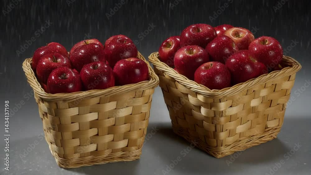 Two woven baskets overflowing with ripe red apples being lightly misted with water droplets for freshness Two woven baskets overflowing with ripe red apples being lightly misted with water droplets for freshness
