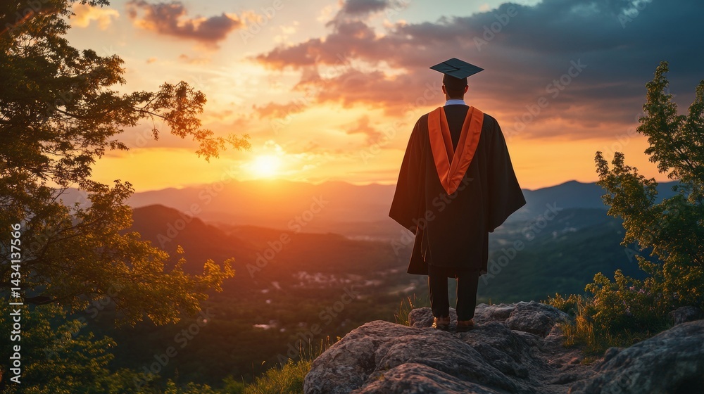 person in a degree gown on top of a hill with a beautiful landscape