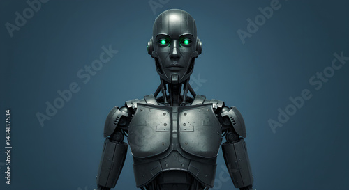 Futuristic woman like humanoid robot with glowing green eyes. Cybernetic technology concept. Advanced machine intelligence. Artificial intelligence research and development.
