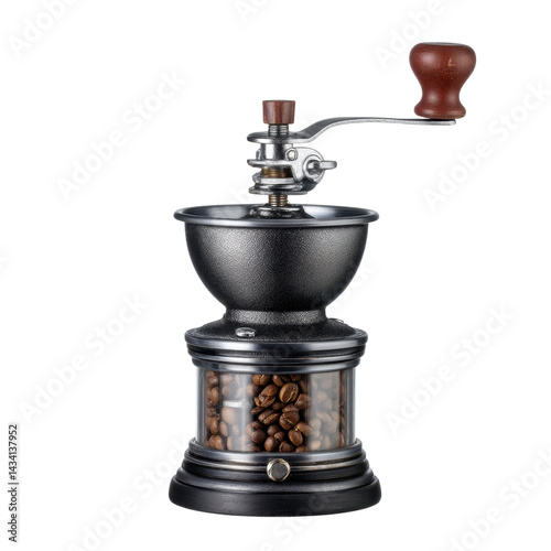 A vintage coffee grinder featuring a metal body, wooden handle, and visible coffee beans inside a glass container.