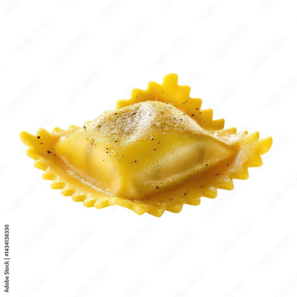 Obraz premium A single piece of ravioli, with a ridged edge and a dusting of seasoning, showcasing its smooth filling and vibrant yellow color.