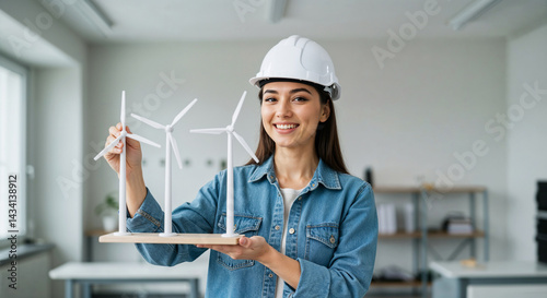 Pretty engineering student presenting green alternative energy project in classroom  