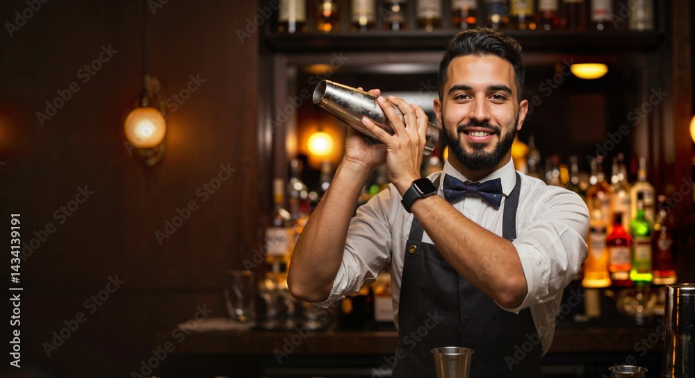Latin Bartender shaking cocktails with a smile at a classy bar . space for text Latin Bartender shaking cocktails with a smile at a classy bar . space for text